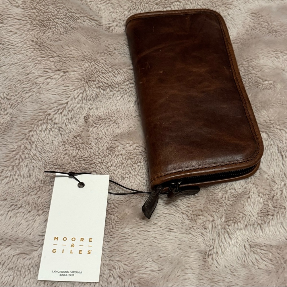 Moore & Giles accessories case in titan leather with shearling lining
